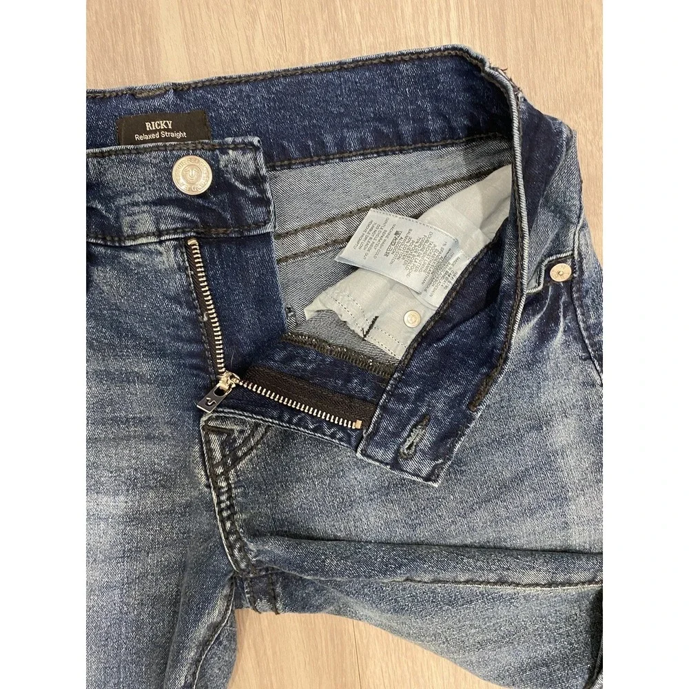 True Religion Ricky‎ Relaxed Straight Jeans 30x33.5 Casual *Leg Split* Dark Wash